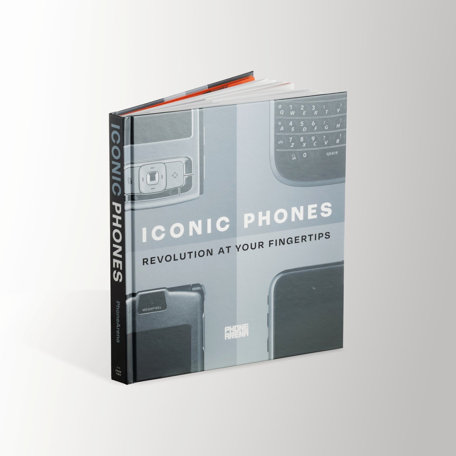 Book titled 'Iconic Phones' on a light gray background